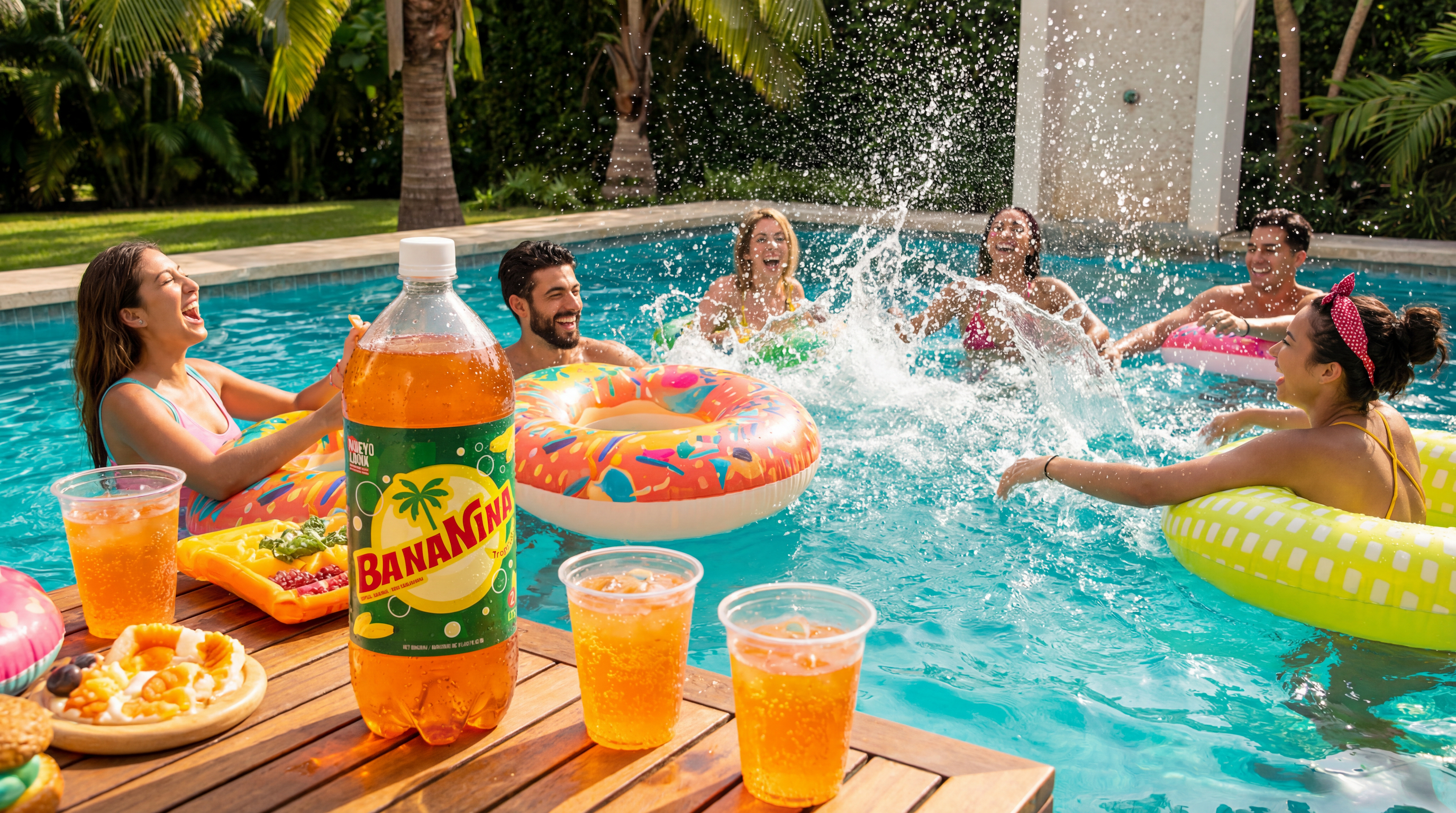group of people on a pool having a great time and drinking some fresh bananina